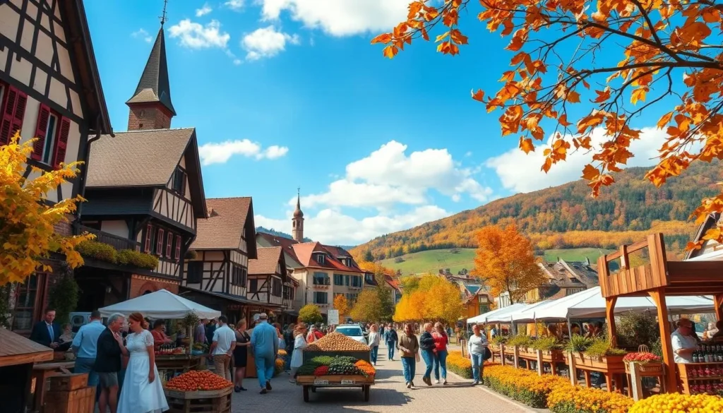 Generate an image of a vibrant Alsace wine harvest festival