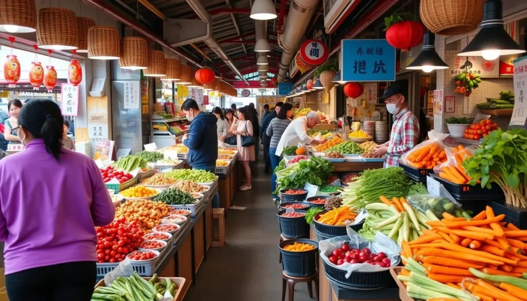 Generate an image of a vibrant Korean market scene with a focus on vegetarian Korean dishes.