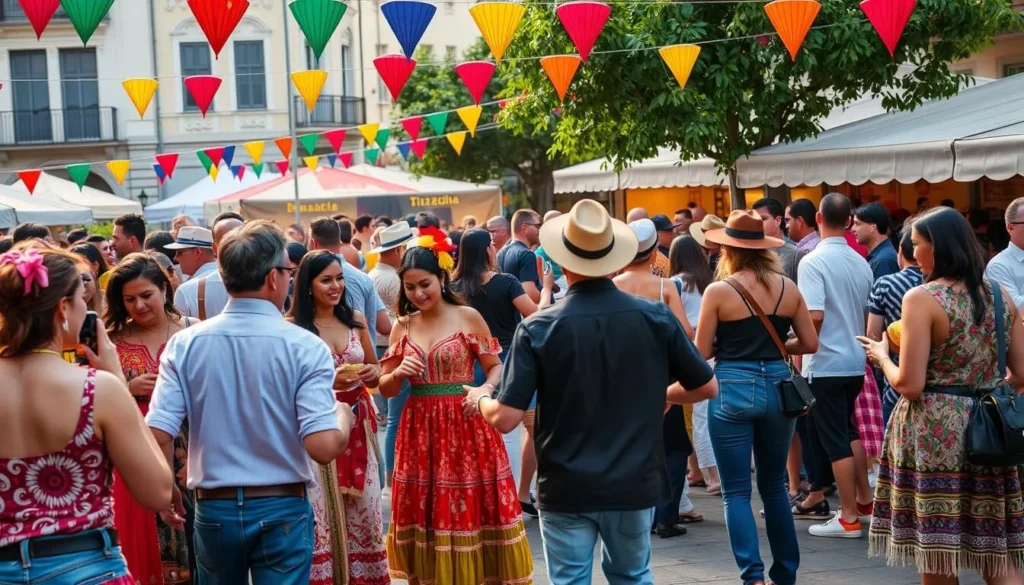 Generate an image of a vibrant Latin festival scene in Zurich with people dancing and enjoying food.