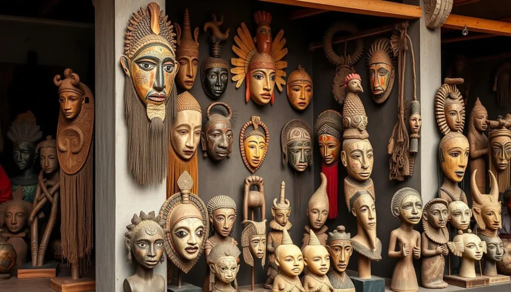 Generate an image of a vibrant Luba art exhibition in Mbuji-Mayi, showcasing traditional masks and sculptures.