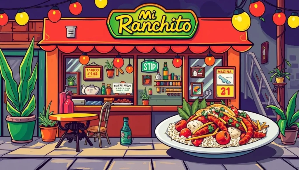 Generate an image of a vibrant Mexican restaurant with a sign reading "Mi Ranchito" and a plate of delicious Mexican dishes.