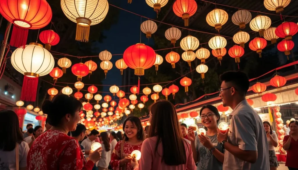 Generate an image of a vibrant Mid-Autumn Festival celebration in Singapore, with colorful lanterns and people enjoying mooncakes together.