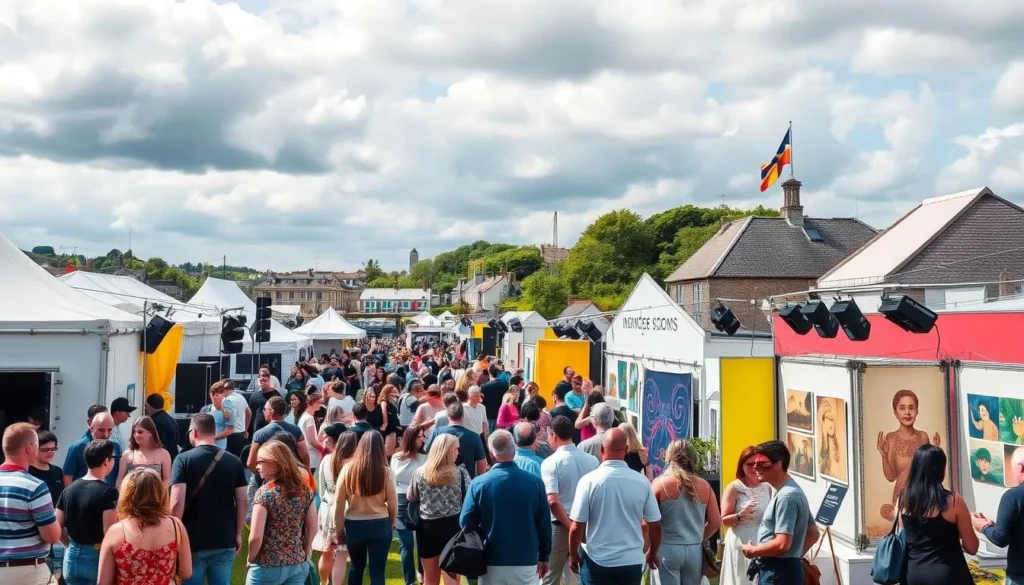 Generate an image of a vibrant arts festival in Munster, Ireland, with people enjoying various performances and exhibitions.