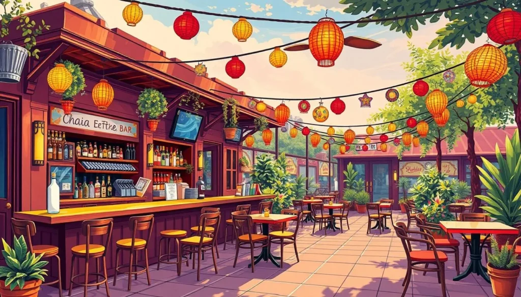 Generate an image of a vibrant bar with patio seating and colorful decor.