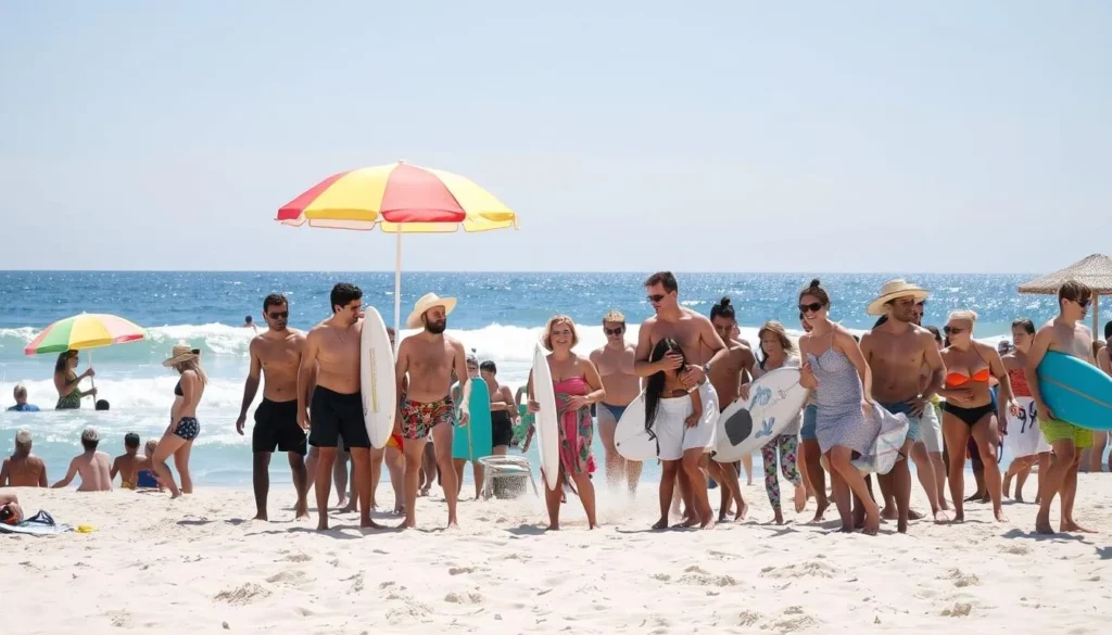 Generate an image of a vibrant beach scene in Adelaide with people enjoying the sun, sand, and water activities.