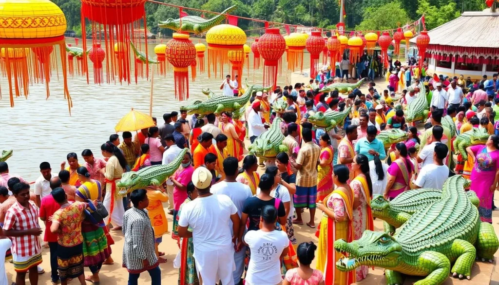 Generate an image of a vibrant cultural festival by a river, with participants adorned in traditional attire and crocodile-themed decorations.