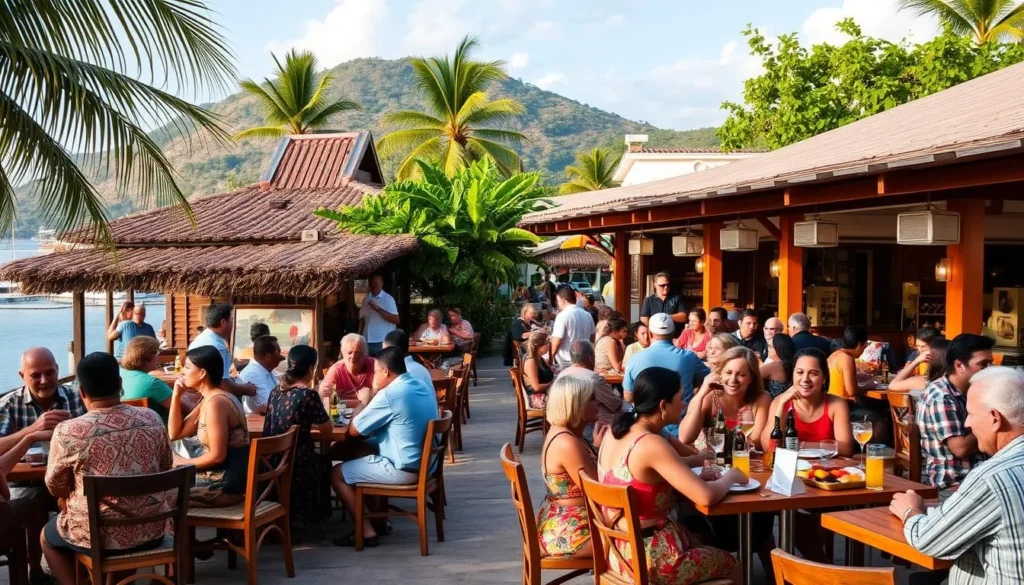Generate an image of a vibrant dining scene in Bacalar, Mexico, with various restaurants and people enjoying meals.