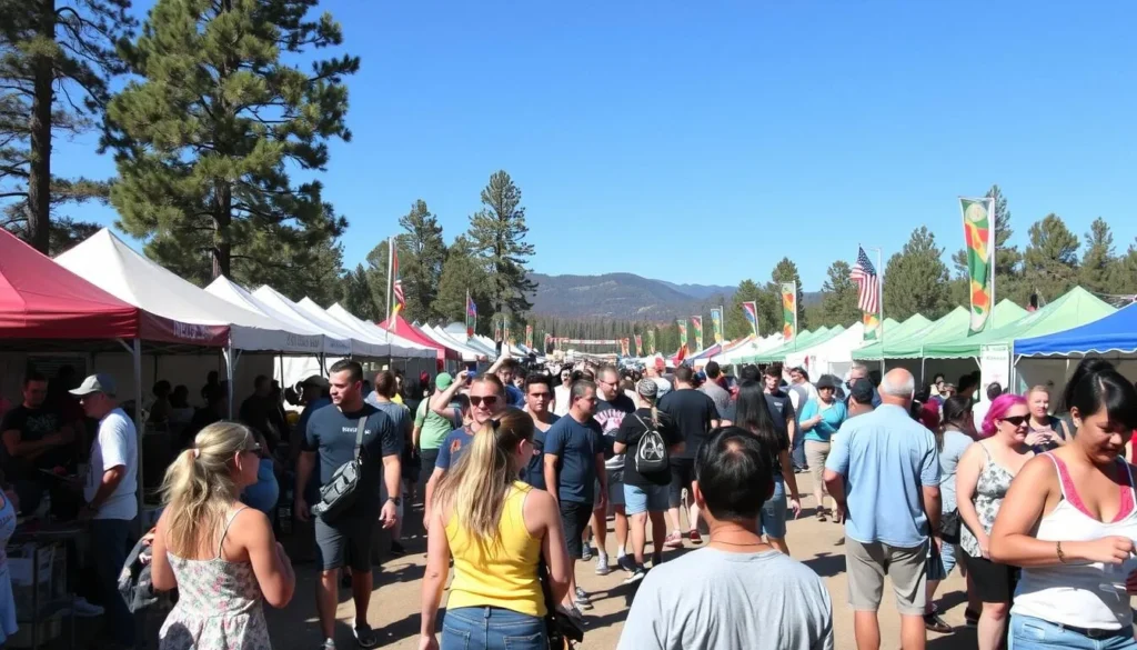 Generate an image of a vibrant festival scene in Big Bear, with people enjoying various activities under a clear sky.