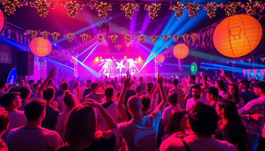 Generate an image of a vibrant festival scene in Lyon with people dancing to electronic music.