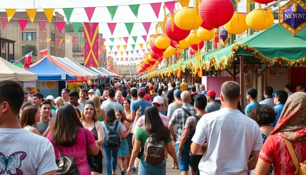 Generate an image of a vibrant festival scene in Ohio, with people enjoying live music and cultural events.