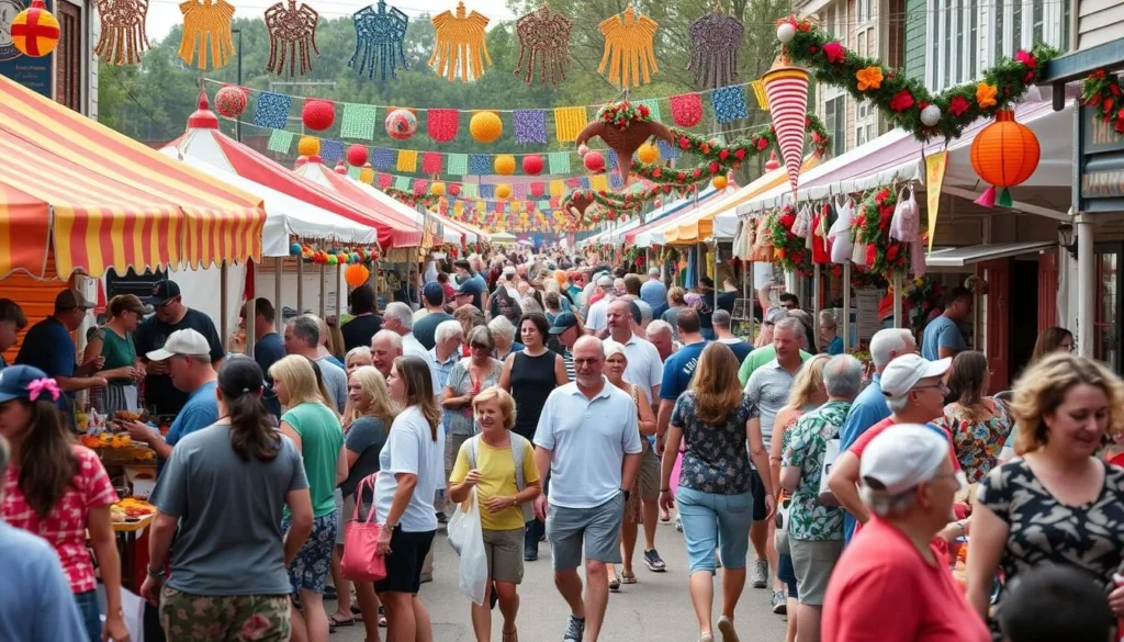 Generate an image of a vibrant festival scene in Waynesville, Ohio, with people enjoying local food and crafts.
