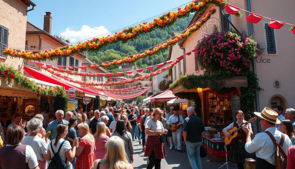 Generate an image of a vibrant festival scene in the Rhône Valley