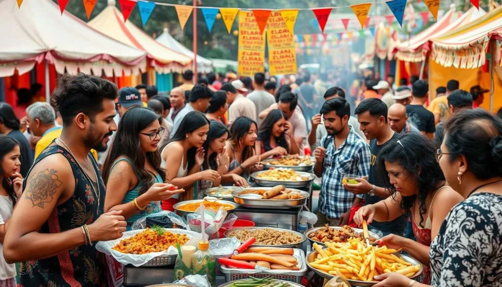 Generate an image of a vibrant festival scene with people enjoying food and music.