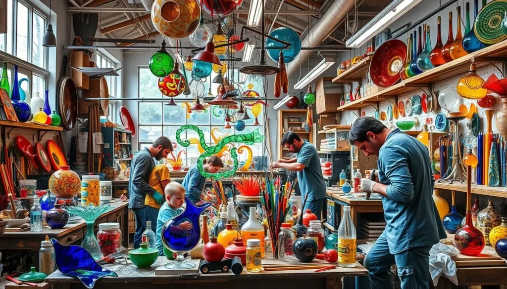 Generate an image of a vibrant glass art studio with artisans working on colorful glass pieces.
