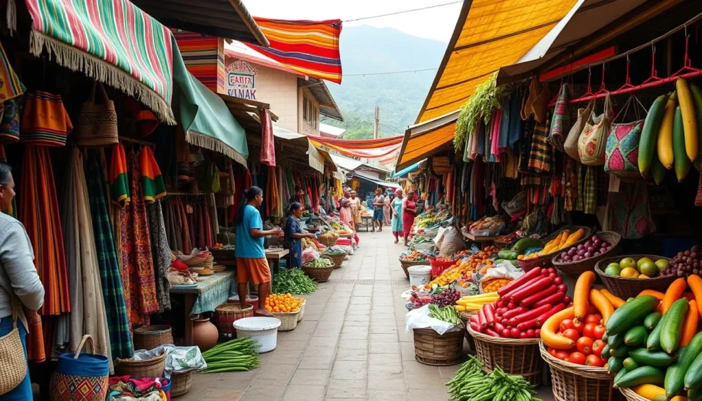 Generate an image of a vibrant local market in Goma with colorful textiles and fresh produce.