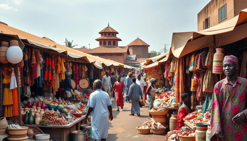 Generate an image of a vibrant market scene in Jos, Nigeria, showcasing local crafts and traditional goods.