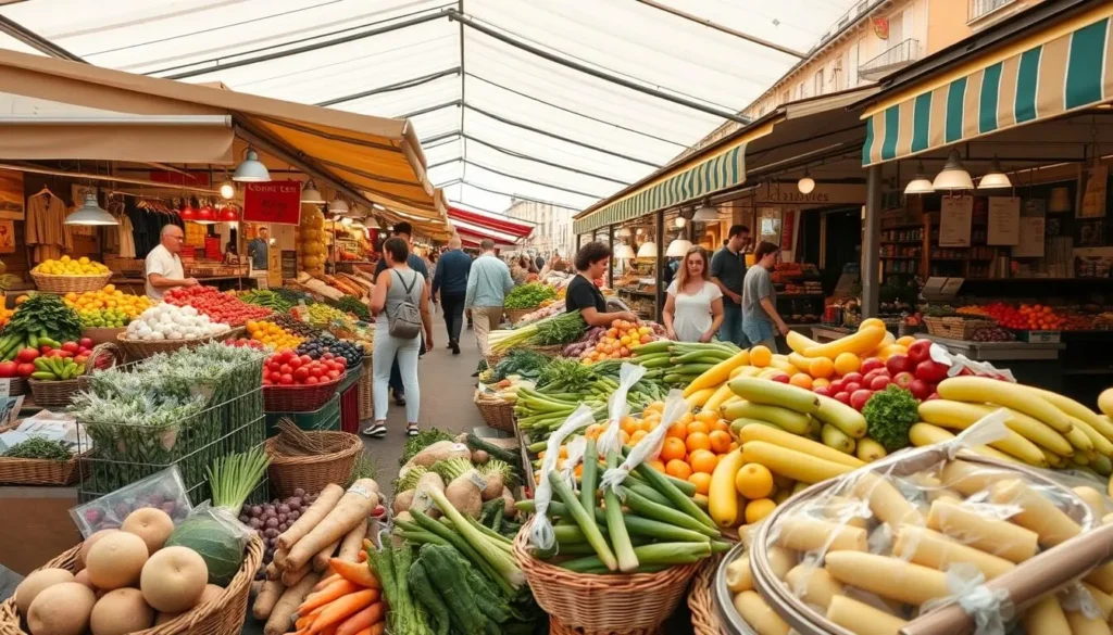 Generate an image of a vibrant market scene in Occitanie, with fresh produce and local delicacies on display.