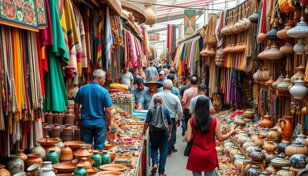 Generate an image of a vibrant market scene with various handicrafts on display.