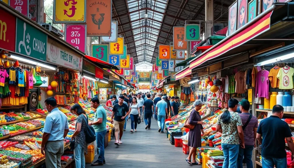 Generate an image of a vibrant market with stalls selling various goods and people shopping.