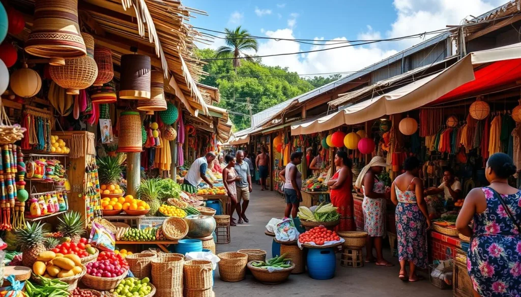 Generate an image of a vibrant marketplace with stalls selling local crafts and fresh produce in Fuga'Uvea, Wallis Island.