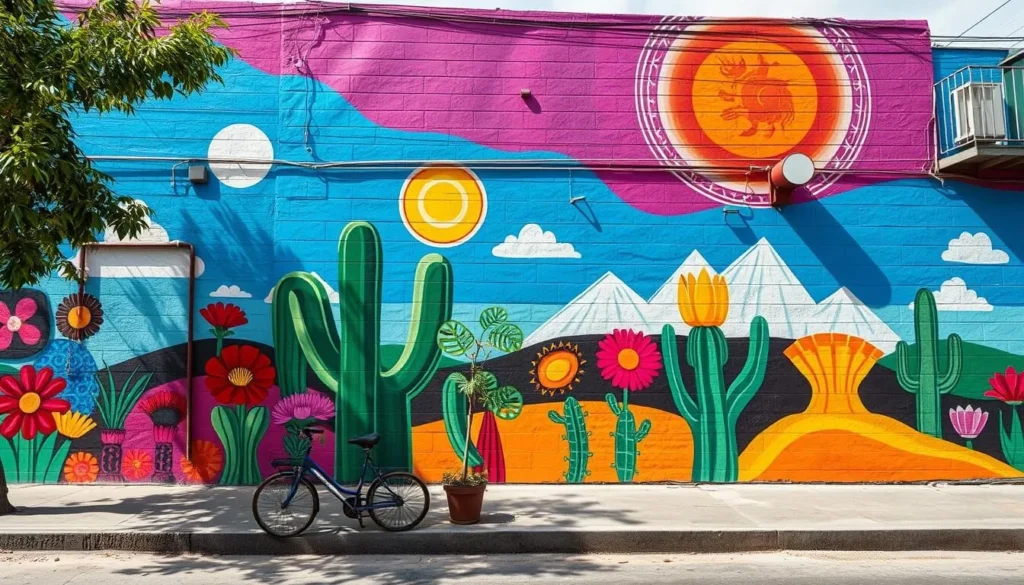 Generate an image of a vibrant mural in Saltillo's downtown area.