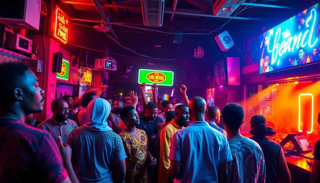 Generate an image of a vibrant nightlife scene in Benin City, with people enjoying live music at a local club.