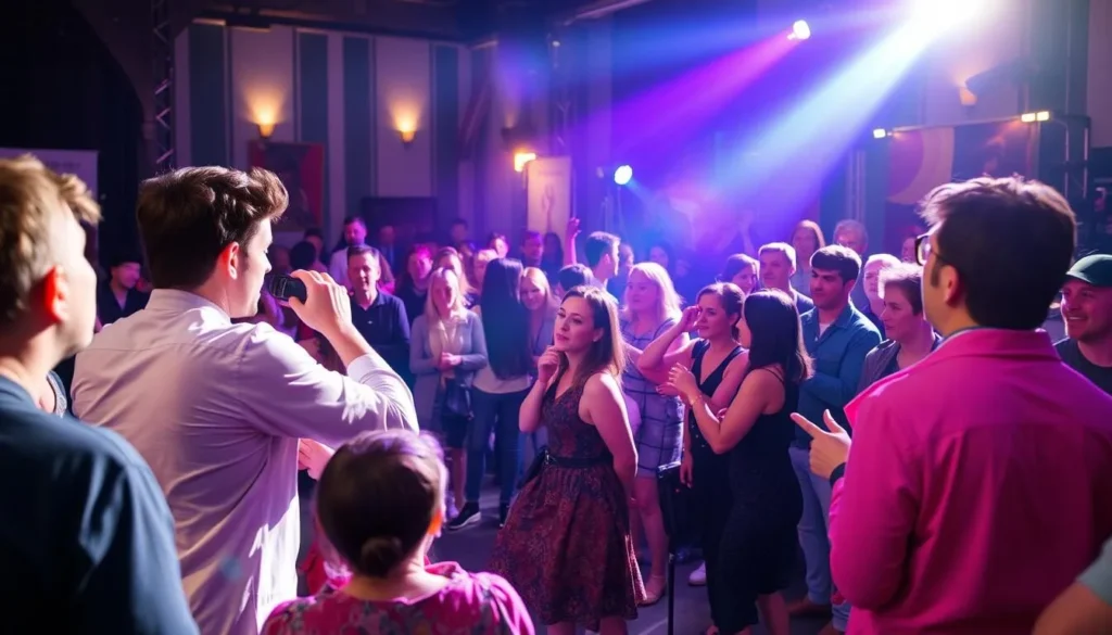 Generate an image of a vibrant performance art scene in Dublin, with diverse audiences and performers.