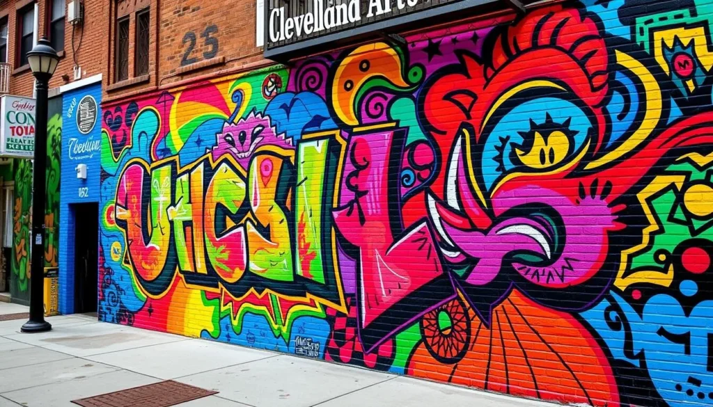 Generate an image of a vibrant street art mural in Cleveland's Gordon Square Arts District.