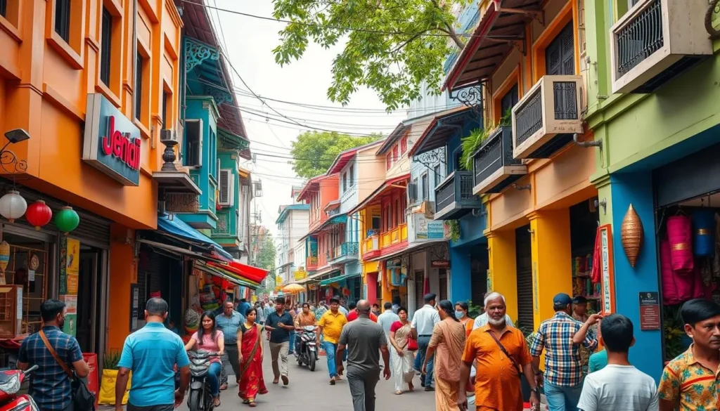 Generate an image of a vibrant street in Little India, Singapore, with colorful shophouses and people walking.