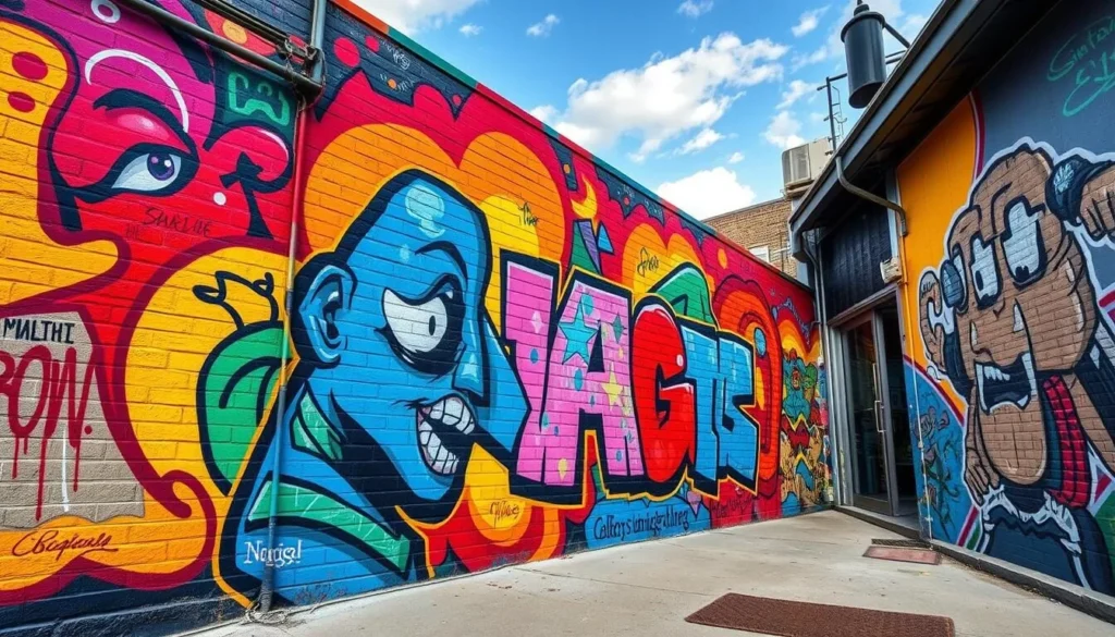 Generate an image of a vibrant street mural in Fargo or Art Alley.