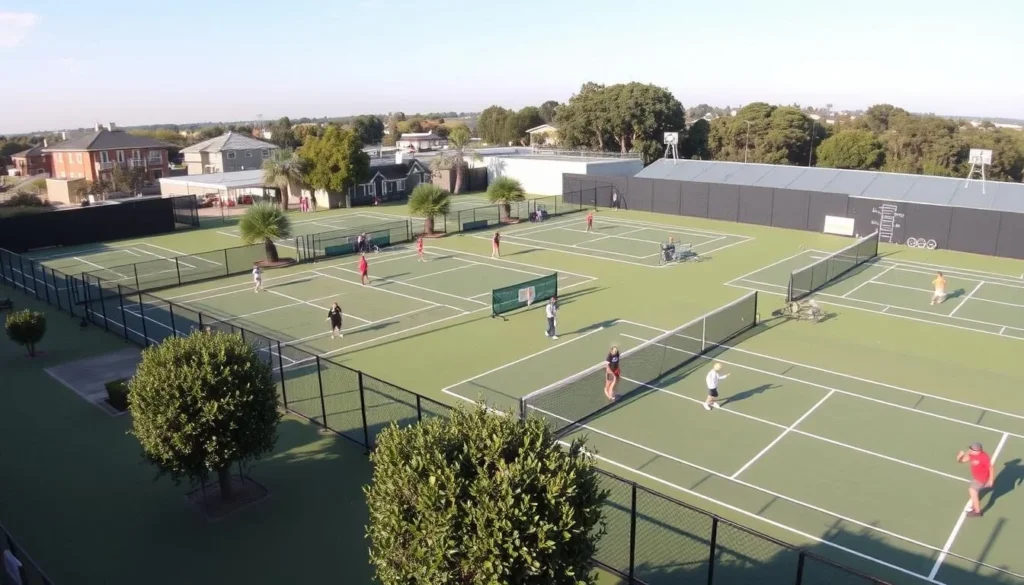 Generate an image of a vibrant tennis center with multiple courts and enthusiastic players.