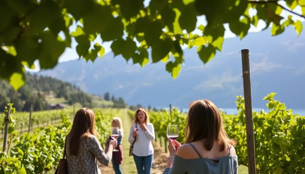 Generate an image of a vineyard in Valais, Switzerland, with a wine tasting tour in progress.