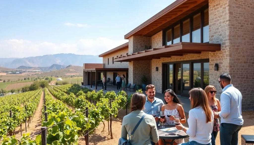 Generate an image of a vineyard in Valle de Guadalupe with a modern winery building and people enjoying a wine tasting.