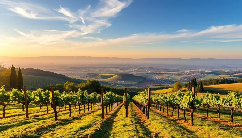 Generate an image of a vineyard in the Brianza hills with rows of grapevines and a beautiful view.