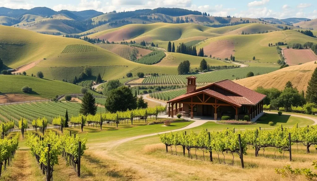 Generate an image of a vineyard with rolling hills and a tasting room.