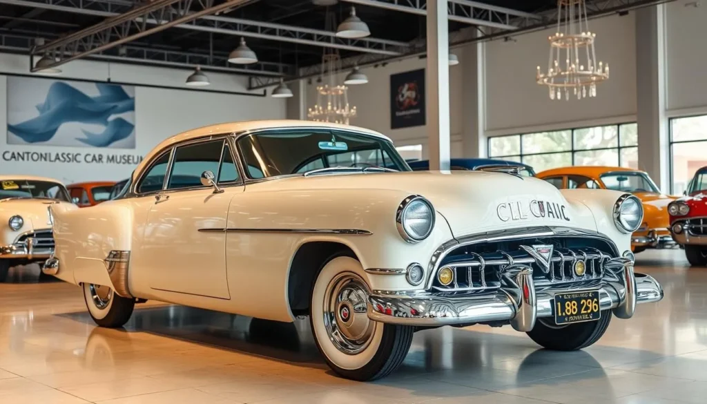 Generate an image of a vintage car on display at the Canton Classic Car Museum.