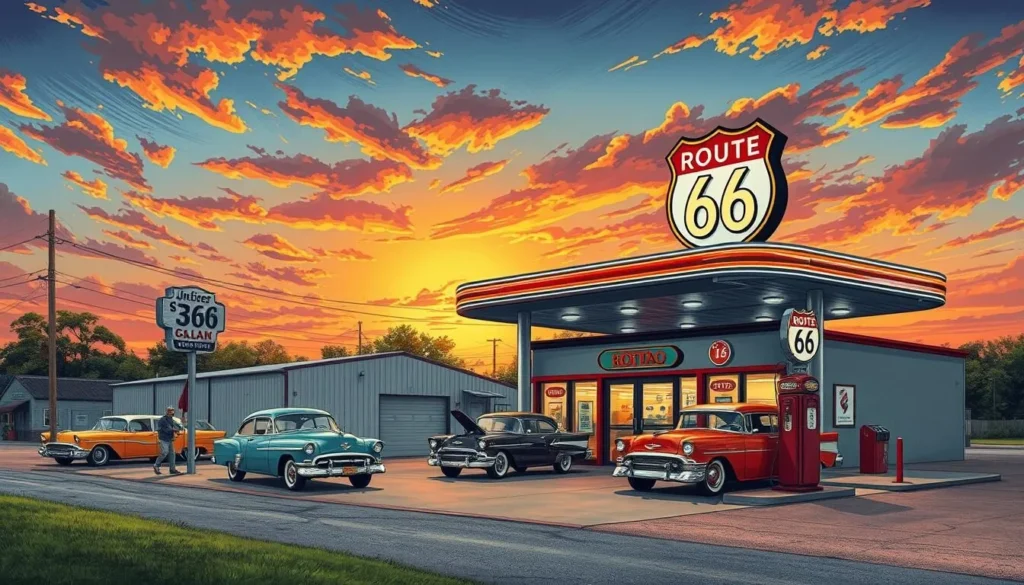 Generate an image of a vintage gas station on Route 66 in Rolla, Missouri.