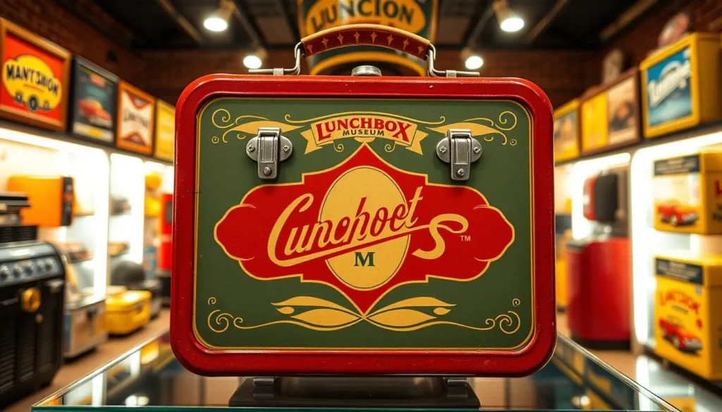 Generate an image of a vintage lunchbox on display at the Lunchbox Museum.