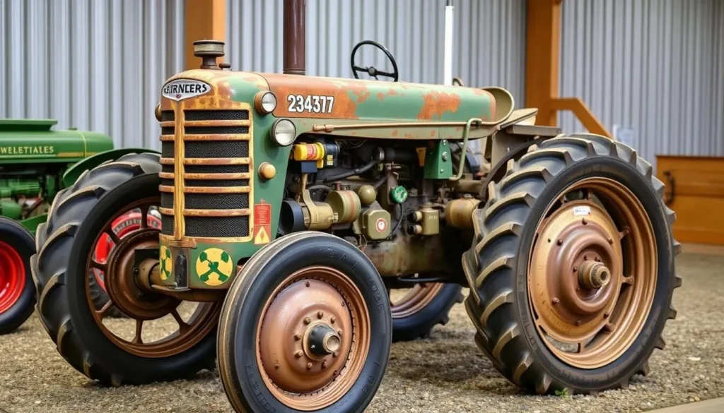 Generate an image of a vintage tractor on display at the Lester F. Larsen Tractor Test Museum, with a detailed caption explaining its historical significance.