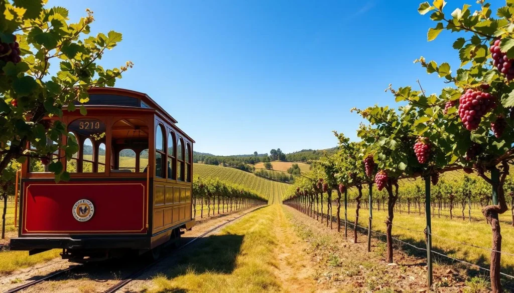 Generate an image of a vintage trolley touring through a vineyard