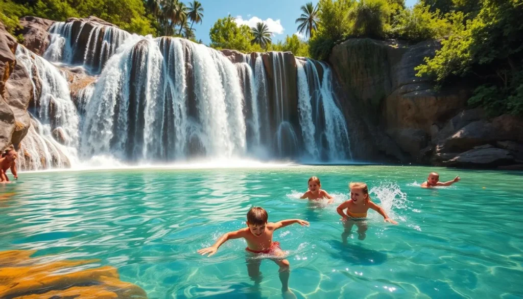 Generate an image of a waterfall and swimming hole with children playing in the water.