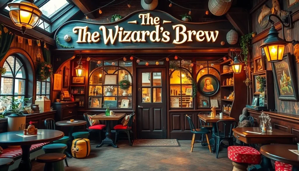 Generate an image of a whimsical café with a sign that reads "The Wizard's Brew" and a warm, inviting atmosphere.