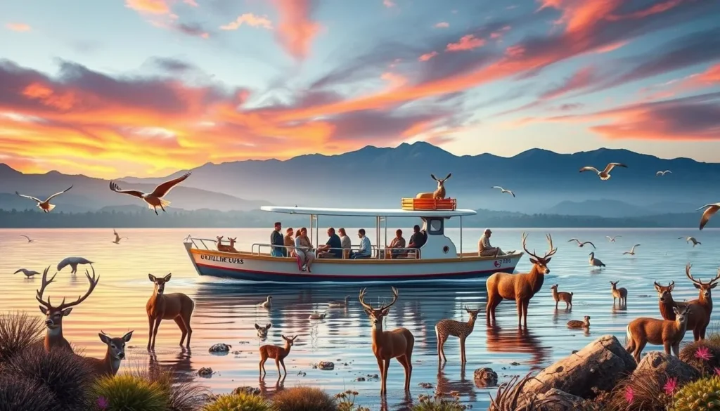 Generate an image of a wildlife cruise boat on Lake Cachuma with diverse wildlife around it.