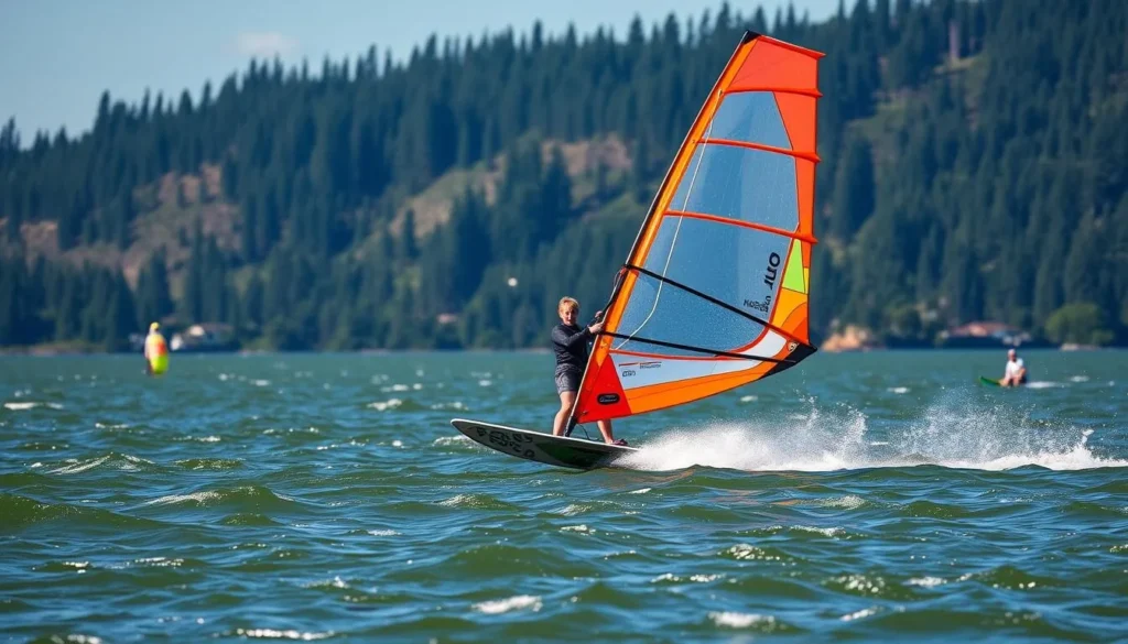 Generate an image of a windsurfer gliding across the Hood River