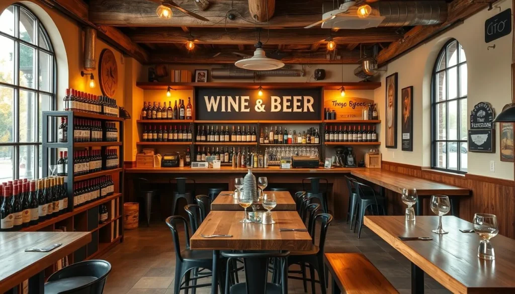 Generate an image of a wine and beer tasting room with a warm atmosphere, featuring Nebraska wines and craft beers.