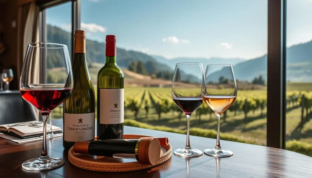 Generate an image of a wine tasting experience at Terreni alla Maggia with a variety of Swiss wines.