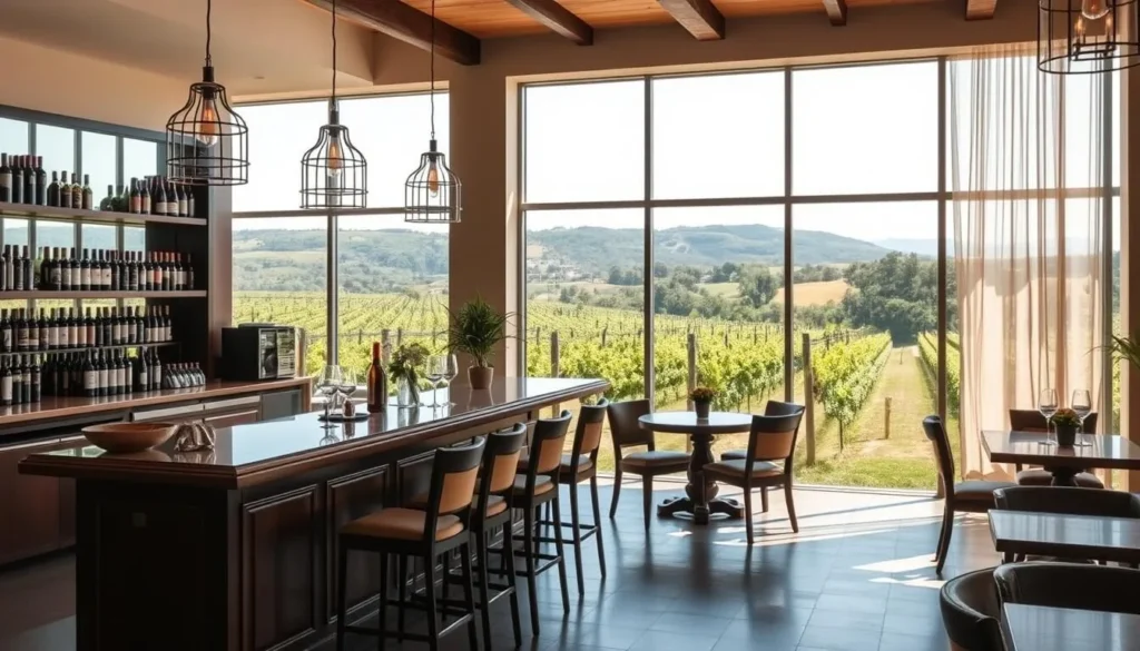 Generate an image of a wine tasting room in Santa Margarita with a bar and vineyards in the background.