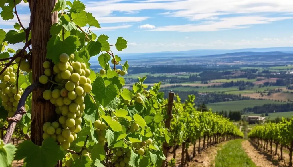 Generate an image of a wine tasting tour in Ashland, Oregon, featuring a vineyard with lush green grapes and a panoramic view of the Rogue Valley.