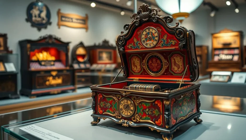 Generate an image of an antique musical box on display at the Singapore Musical Box Museum.