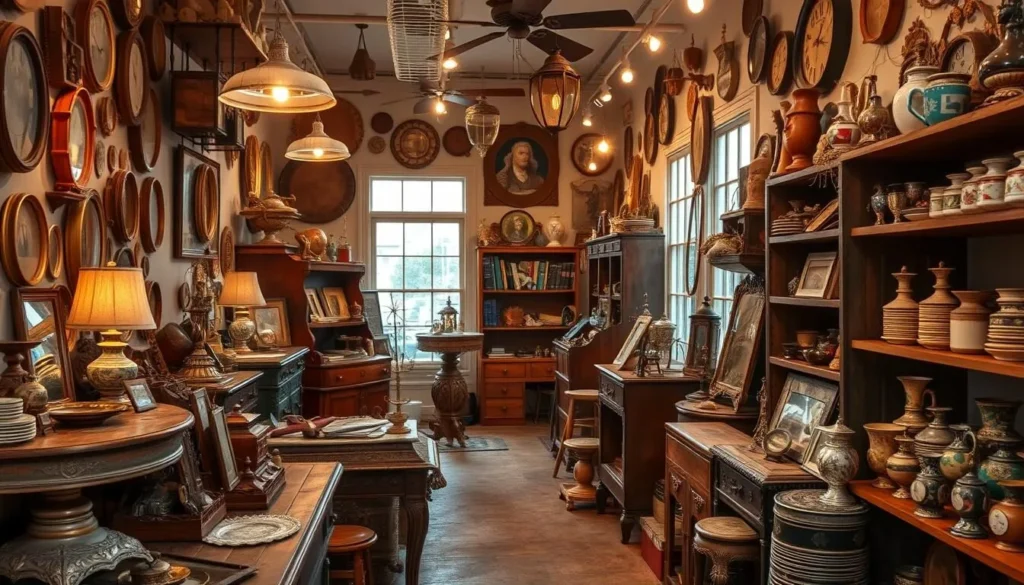 Generate an image of an antique shop with vintage treasures and unique collectibles.